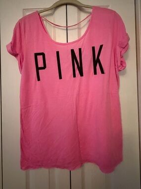 PINK Victoria's Secret Hot Pink Scoop Neck Logo Tee